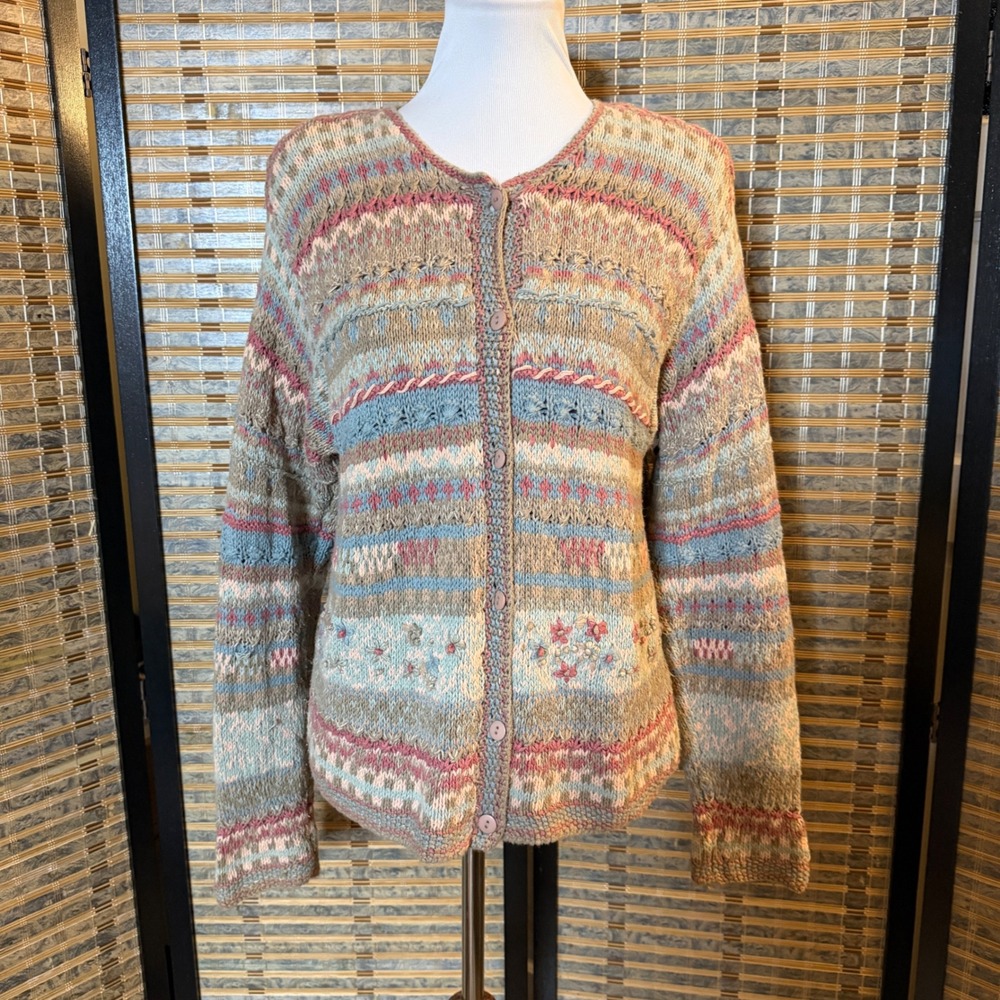 Sportables Cardigan Women Medium Tan Blue Pink Fair Isle Embroidered Vintage